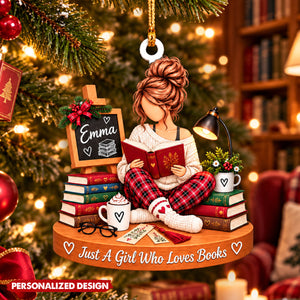 Bookworm Girl Custom Acrylic Hanging Ornament - Book Lover Christmas Tree Decoration