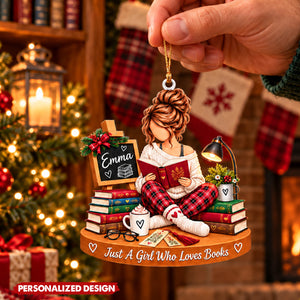 Bookworm Girl Custom Acrylic Hanging Ornament - Book Lover Christmas Tree Decoration