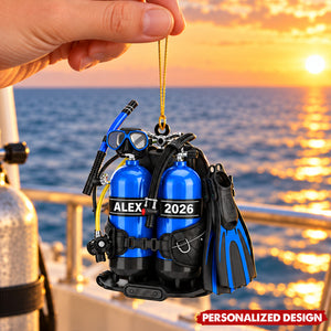 Personalized Scuba Diving Gear Acrylic Christmas Ornament - Custom Name & Year Diver Ornament