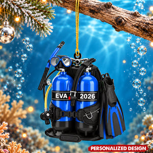 Personalized Scuba Diving Gear Acrylic Christmas Ornament - Custom Name & Year Diver Ornament