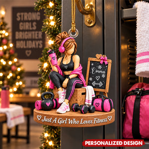 Personalized Fitness Girl Acrylic Christmas Ornament - Custom Name Workout Gym Lover Keepsake