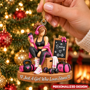 Personalized Fitness Girl Acrylic Christmas Ornament - Custom Name Workout Gym Lover Keepsake