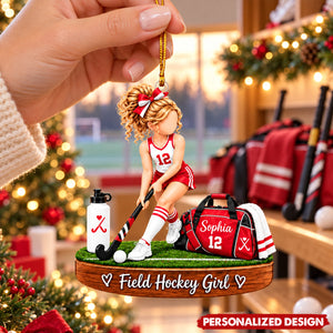 Personalized Field Hockey Girl Acrylic Christmas Ornament - Custom Name & Number Field Hockey Gift