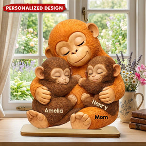 Personalized Monkey Mom & Kids Hug Wooden Plaque - Mother’s Day Gift for Mom