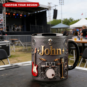 Personalized Rock Music Mug with Name, Guitar Drum Coffee Cup