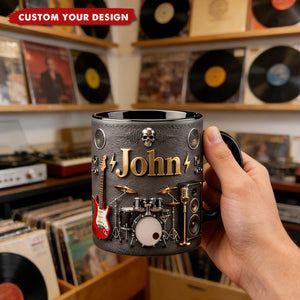Personalized Rock Music Mug with Name, Guitar Drum Coffee Cup