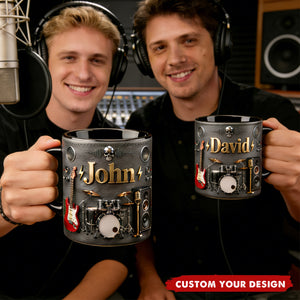 Personalized Rock Music Mug with Name, Guitar Drum Coffee Cup