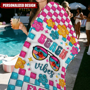 Personalized Beach Vibes Checkerboard Smiley Flower Custom Name Beach Towel