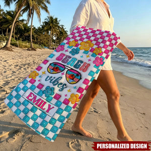 Personalized Beach Vibes Checkerboard Smiley Flower Custom Name Beach Towel