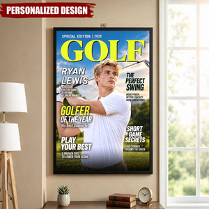 Personalized Golf Magazine Cover Poster - Custom Golfer Photo Wall Art Gift for Golf Lovers