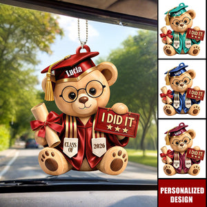 Personalized Graduation Bear Car Hanging Ornament – Custom Name "I Did It" Graduation Gift