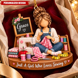 Personalized Sewing Girl Acrylic Christmas Ornament - Custom Name Gift for Sewing Lovers