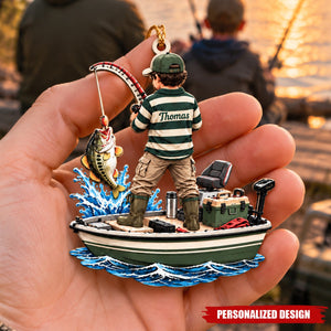 Personalized Boy Fishing On Boat Acrylic Christmas Ornament - Custom Name Fisherman Gift
