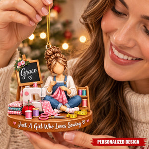 Personalized Sewing Girl Acrylic Christmas Ornament - Custom Name Gift for Sewing Lovers