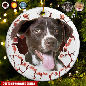 Custom Photo Dog Cat Breaking Through Ornament - Personalized Circle Ceramic Ornament
