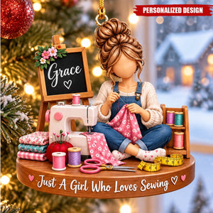 Personalized Sewing Girl Acrylic Christmas Ornament - Custom Name Gift for Sewing Lovers