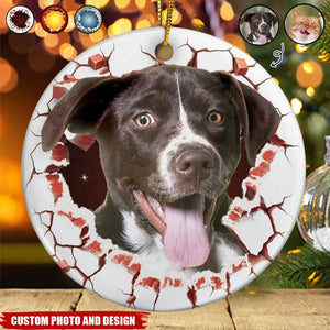 Custom Photo Dog Cat Breaking Through Ornament - Personalized Circle Ceramic Ornament