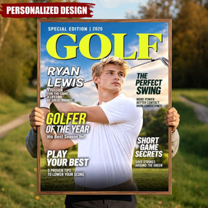 Personalized Golf Magazine Cover Poster - Custom Golfer Photo Wall Art Gift for Golf Lovers