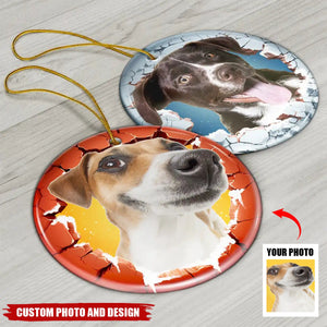 Custom Photo Dog Cat Breaking Through Ornament - Personalized Circle Ceramic Ornament
