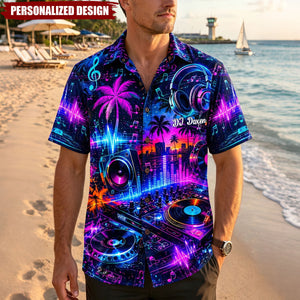 Personalized Neon DJ Turntable Tropical Hawaiian Shirt - Custom DJ Name