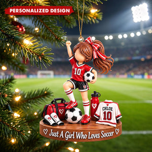 Personalized Red Soccer Girl Acrylic Christmas Ornament - Custom Name Football Player Keepsake Ornament