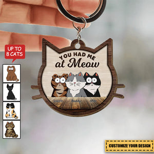 Cat Face Shaped Funny Cat Expressions Personalized Wooden Keychain