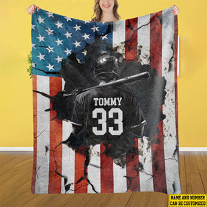 Personalized Baseball Boy American Flag Blanket - Gift For Baseball Lovers
