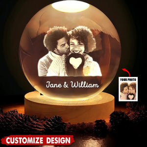 Snow Globe Night Light, Personalized 2D Crystal Ball, Engraved Glass Photo Snow Globe-Gift For Couple