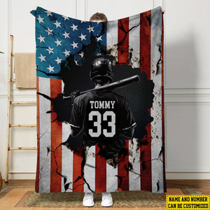 Personalized Baseball Boy American Flag Blanket - Gift For Baseball Lovers