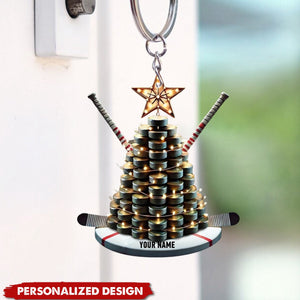 Personalized Hockey Keychain with Puck Tree and Sticks - Gift For Hockey Lovers - 2024 New Release