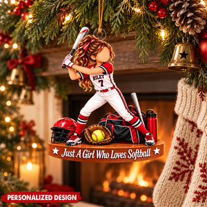 Personalized Softball Girl Acrylic Christmas Ornament - Custom Name & Jersey Number Sports Tree Decor