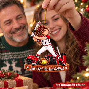 Personalized Softball Girl Acrylic Christmas Ornament - Custom Name & Jersey Number Sports Tree Decor