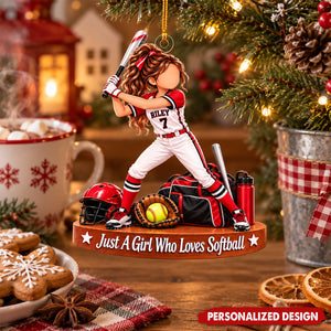 Personalized Softball Girl Acrylic Christmas Ornament - Custom Name & Jersey Number Sports Tree Decor