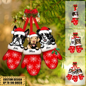 Christmas Dogs Laying On Hands In Gloves Personalized Acrylic Ornament