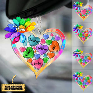 Colorful Sunflower Grandma Mom Heart Loads Of Love, Personalized Car Hang Ornament