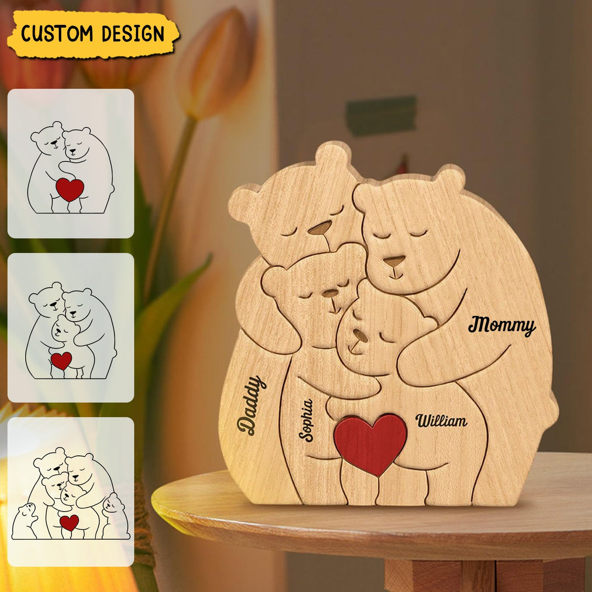Family Bear Personalized Wooden Art Puzzle, Wooden Carvings, Gift For Family Members