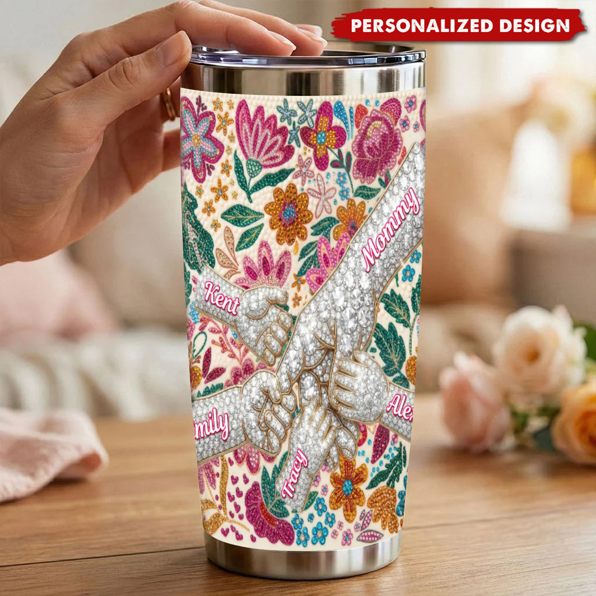 Personalized Floral Fist Bump Mom Tumbler - Custom Name Mother's Day Gift