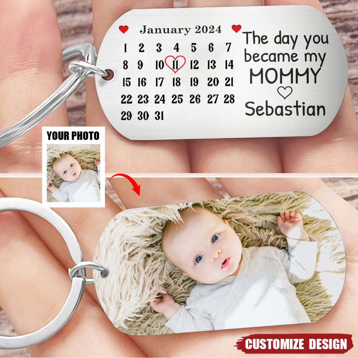 Calendar Custom Photo The Day You Became My Mommy - Gift For Mother, Father - Personalized Stainless Keychain