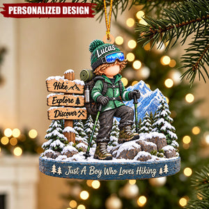 Personalized Outdoor Adventure Boy Christmas Ornament - Hiking Lover Acrylic Keepsake