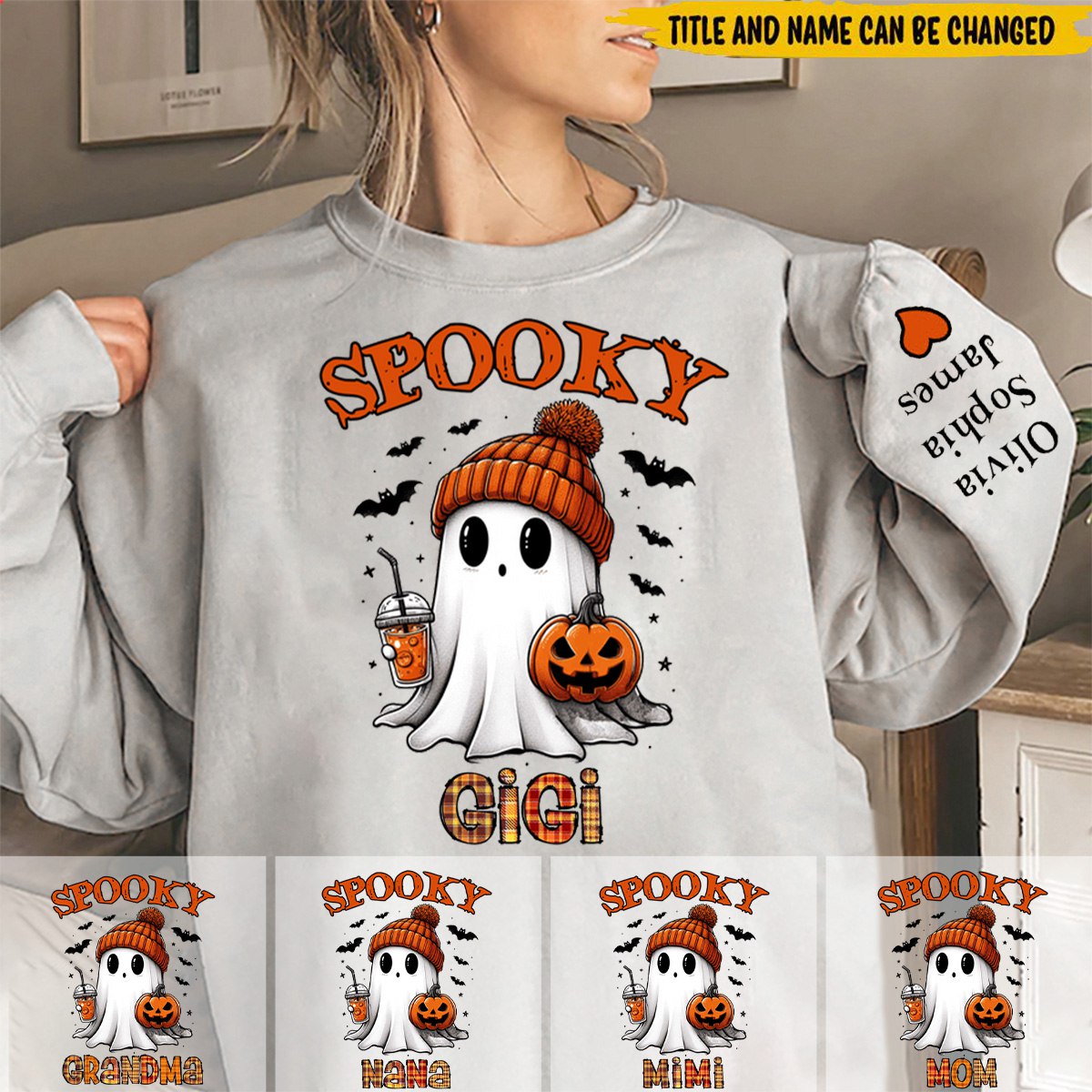 Spooky Grandma Ghost Enter Kid Names On Sleeve Personalized Sweatshirt