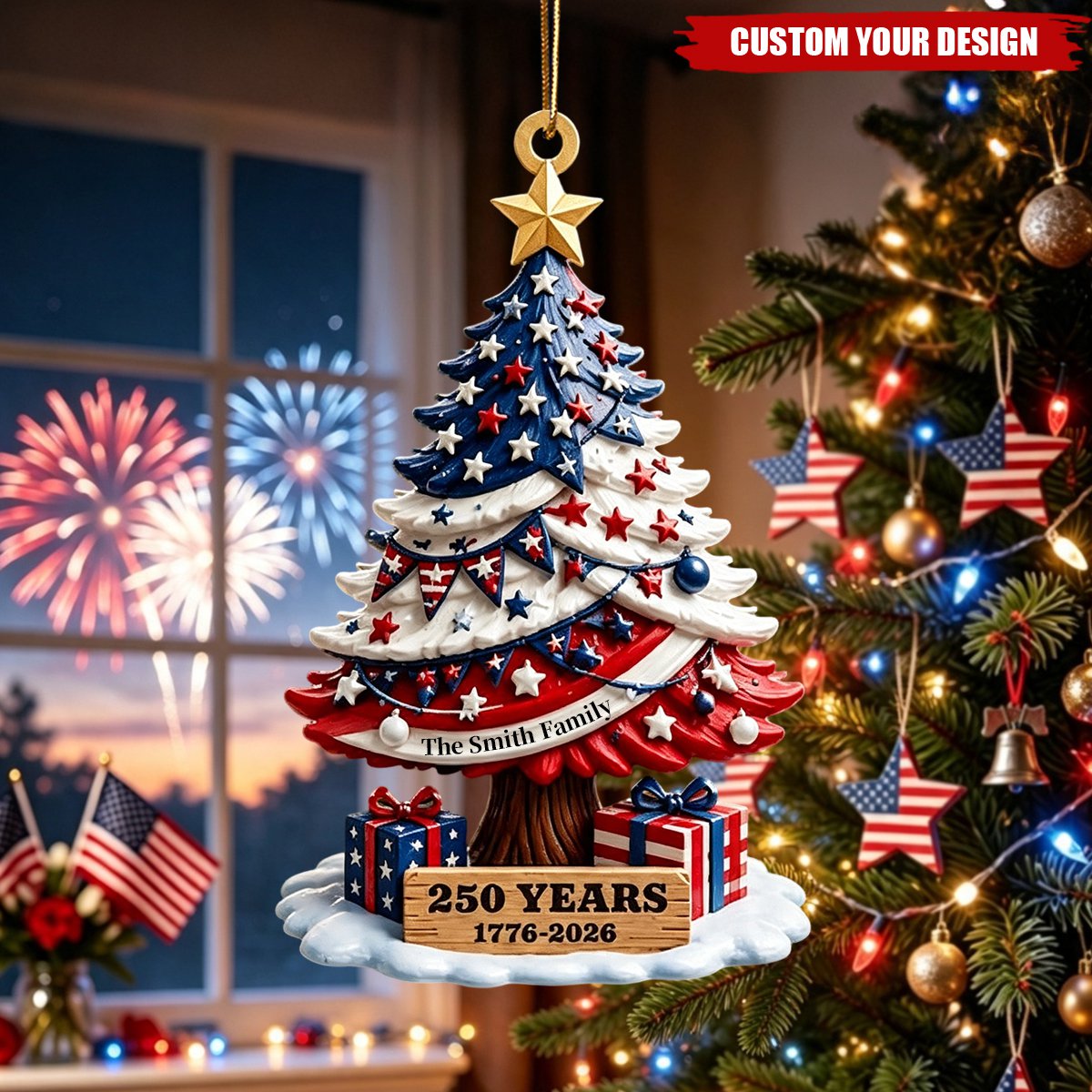 Personalized Patriotic USA Flag Christmas Tree Ornament Custom Family Name 250th Anniversary Acrylic Decor