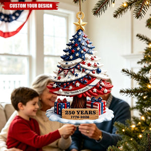 Personalized Patriotic USA Flag Christmas Tree Ornament Custom Family Name 250th Anniversary Acrylic Decor