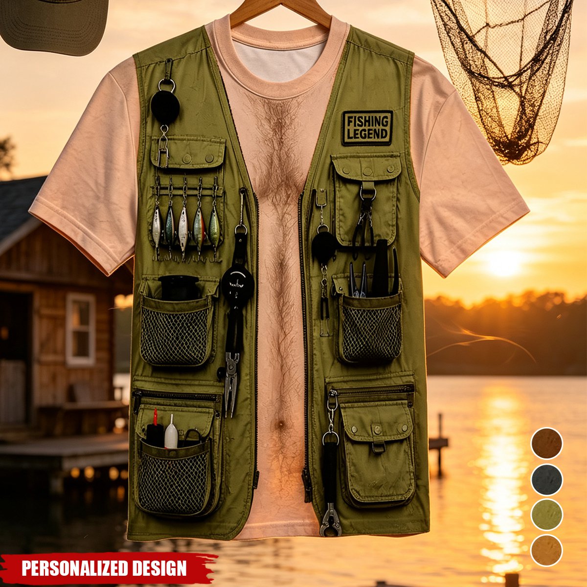 Personalized Fake Fishing Utility Vest Graphic T-Shirt - Custom Skin Tone and Multiple Vest Patterns