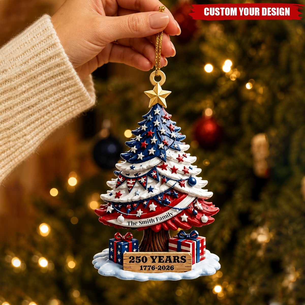 Personalized Patriotic USA Flag Christmas Tree Ornament Custom Family Name 250th Anniversary Acrylic Decor
