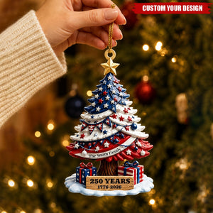 Personalized Patriotic USA Flag Christmas Tree Ornament Custom Family Name 250th Anniversary Acrylic Decor