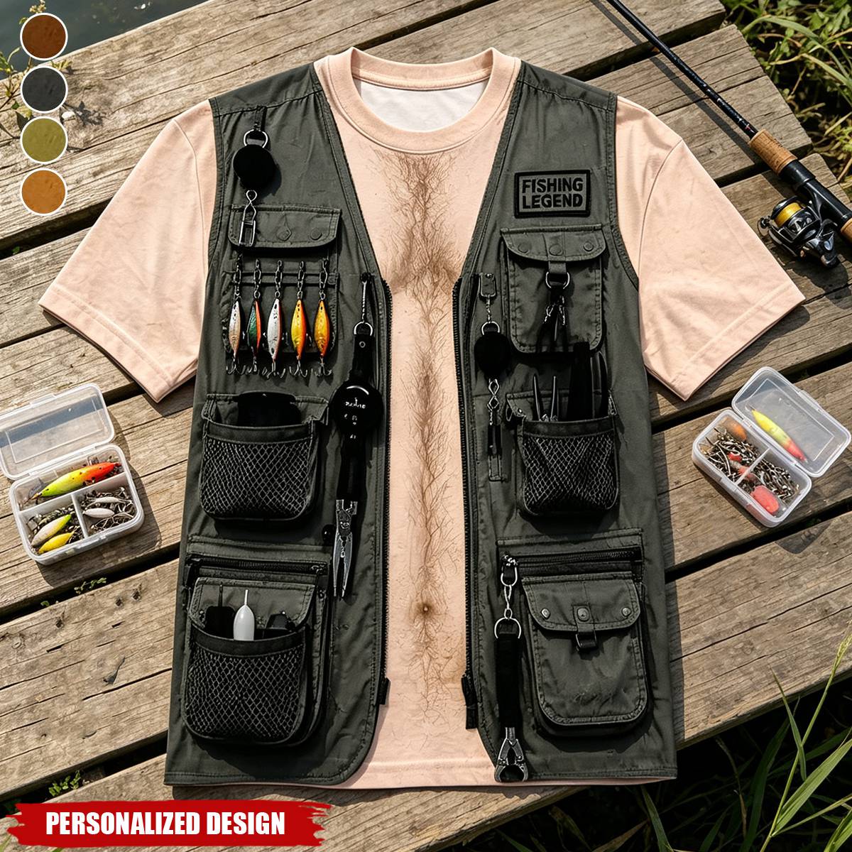 Personalized Fake Fishing Utility Vest Graphic T-Shirt - Custom Skin Tone and Multiple Vest Patterns