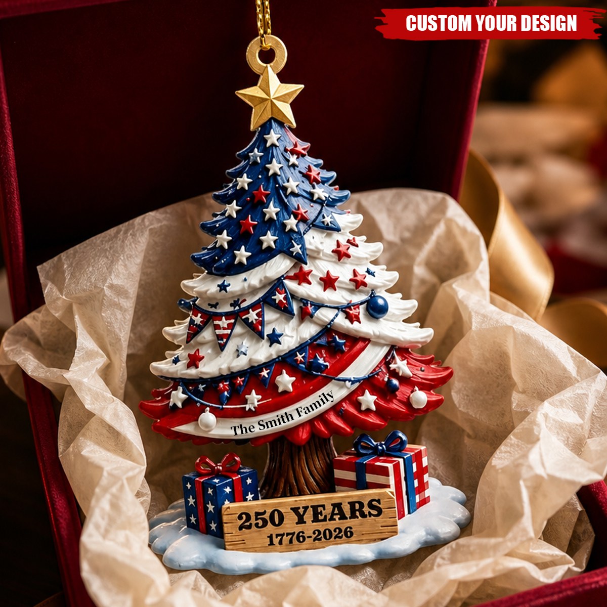 Personalized Patriotic USA Flag Christmas Tree Ornament Custom Family Name 250th Anniversary Acrylic Decor
