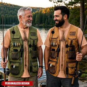 Personalized Fake Fishing Utility Vest Graphic T-Shirt - Custom Skin Tone and Multiple Vest Patterns