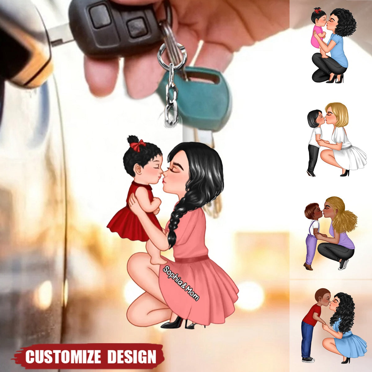 Mom And Kid Holding Hands Kissing Personalized Acrylic Keychain