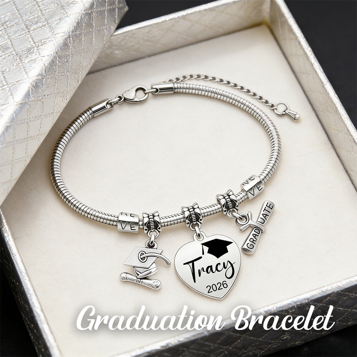 Personalized Graduation Bracelet – Custom Name & Year Grad Cap Charm Bracelet